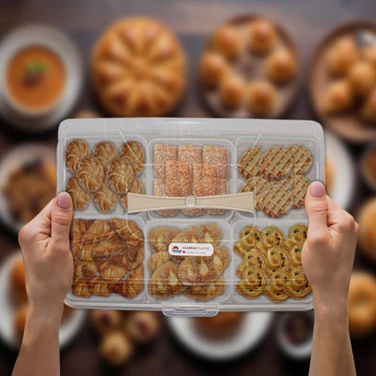 صحن حلويات ومكسرات 6 مقسم بغطاء بيج