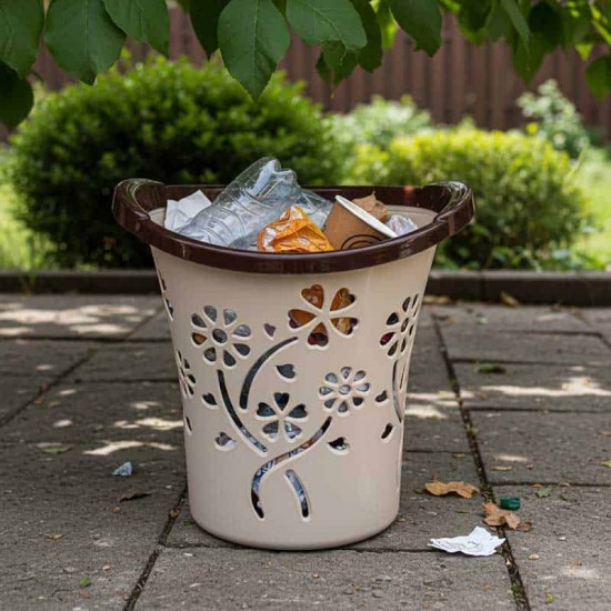 Floral Waste Basket Beige